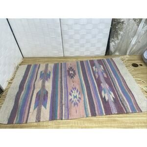Vtg 80s Native American Southwest Wool Woven Rug Fringes 21"x 36” Pastel Colors